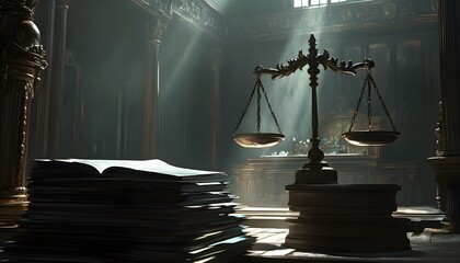 Dramatic courtroom scene with scales of justice.