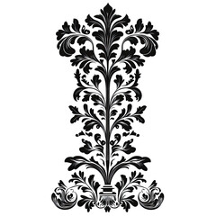 Obraz premium A symmetrical stylized floral design with a transparent background featuring a dark grey color scheme. The artwork is composed of intricate leaf and branch patterns.