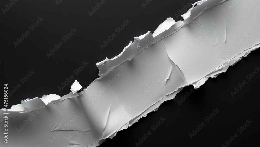 Poster ripped and torn paper fragment with edge, isolated on overlay surface texture background