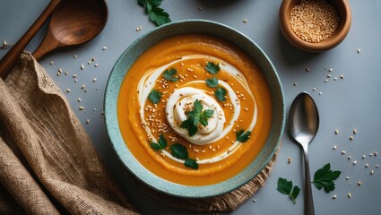 Savory homemade pumpkin soup with a creamy texture, finished with cream and sesame seeds.