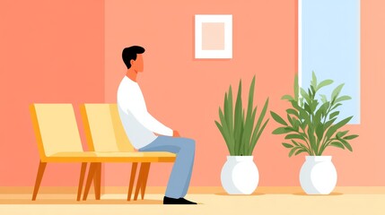 Calm Waiting Room with a Seated Man and Potted Plants Beneath Soft Natural Light