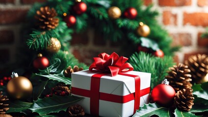 Gift package on leaves with a brick wall behind. Cozy glow