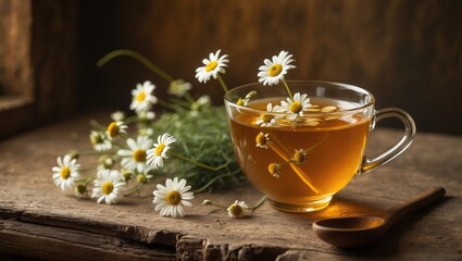 Natural Chamomile Tea in a Transparent Cup: A Bright and Fresh Morning Drink for Relaxation