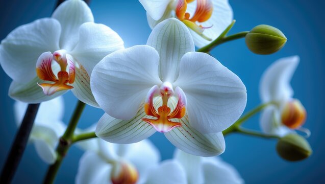 Close-up of white orchids with a vibrant blue sky in the background