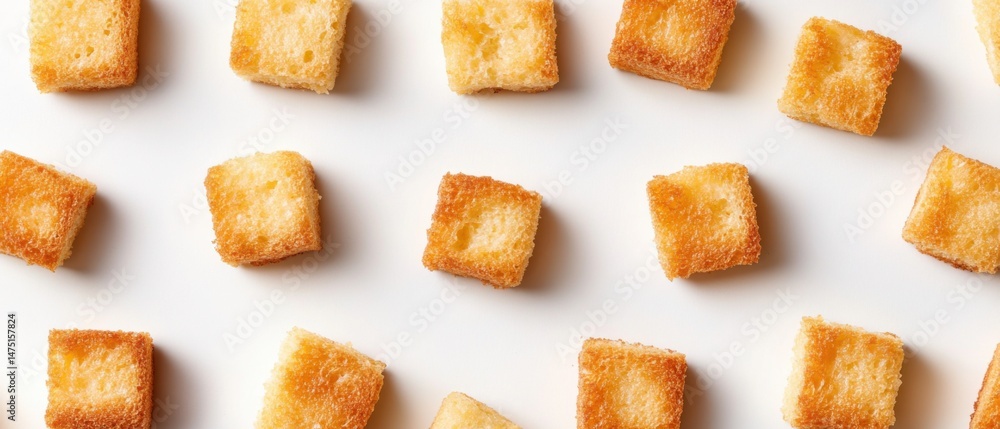 Poster overhead shot of golden brown croutons arranged on a white surface creating a pattern for salad topp