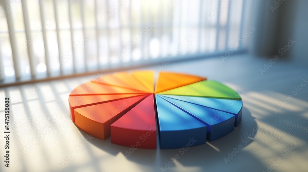 Poster a creative d pie chart with animated effects, displaying vibrant colors and smooth transitions betwe