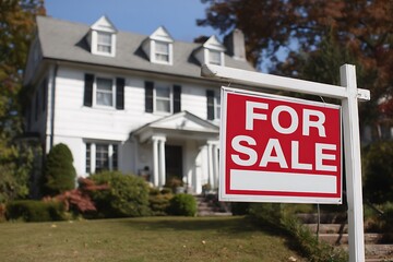 Red for sale sign suburban home showcasing real estate property sale  
