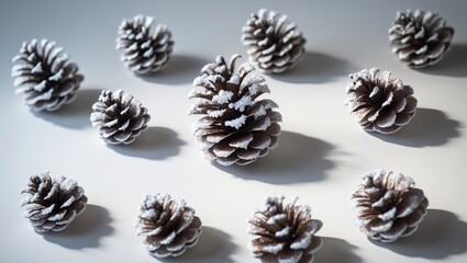 Close-up images of a decorated pine cone with artificial snow, isolated on a background in six different compositions