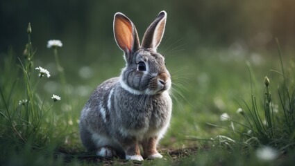 Fototapeta premium Smiling fluffy rabbit with elongated ears on green grass background, wild meadow environment, lovable pet animal