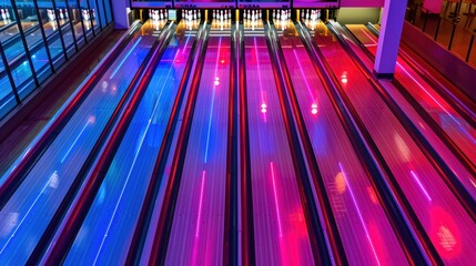 Vibrant colorful bowling alley lanes with dynamic lighting effects