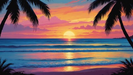 Fototapeta premium Beautiful tropical sunset over a beach with scenic island views, turquoise sea, rolling waves, and a bright sky with palm trees and warm sunlight reflection