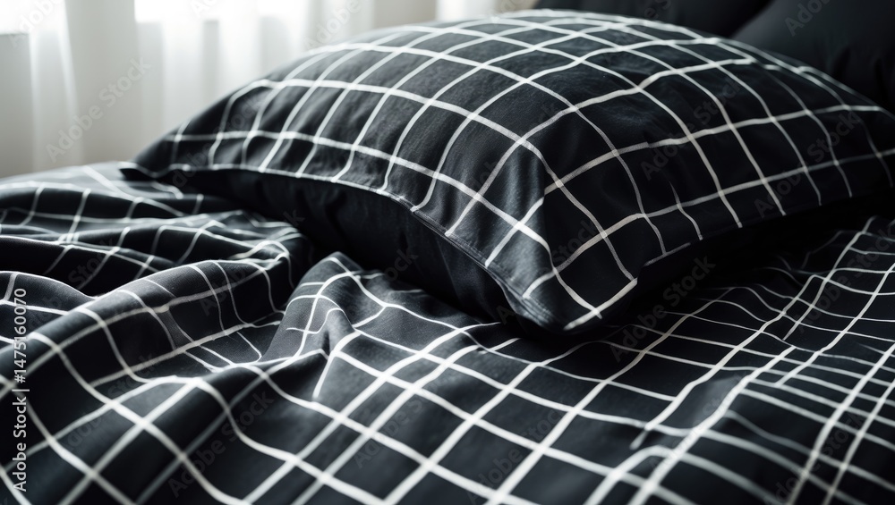Poster focused image of a black pillowcase with checkered pattern on a blanket
