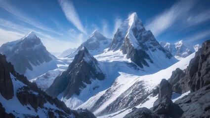 High-altitude snow-capped mountains with rugged terrain and scenic views evoking a sense of adventure and awe