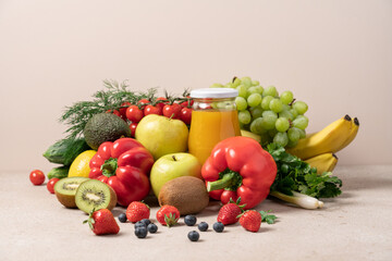 Set of fresh fruits, vegetables and berries on beige background with copy space. Farmers market, organic products concept