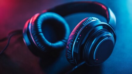 A detailed shot of gaming headphones with a built-in microphone, set against a dark background, highlighting their features and suitability for gaming.