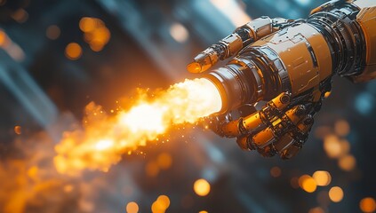 Robotic hand holds a thruster with flames