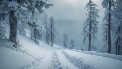 Horizontal shot of a frozen mountain hike surrounded by snow-laden trees and icy scenery in Italy's Dolomites, ideal for Christmas and winter landscape wallpapers