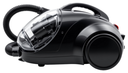 Modern black vacuum cleaner with transparent dust container and flexible hose for efficient home cleaning