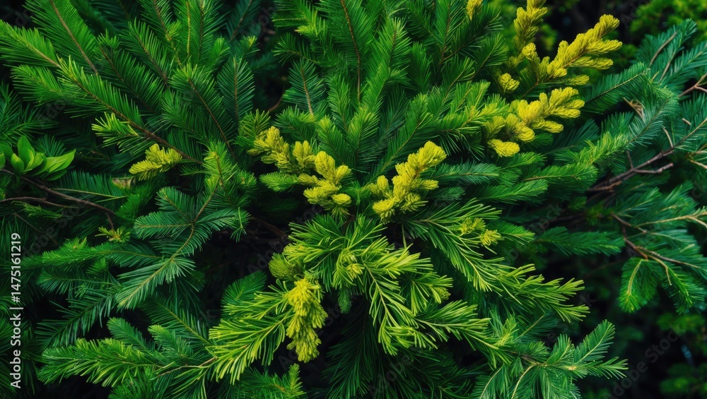 Poster macro shot of fir tree branch against abstract nature background with decoration and green colors
