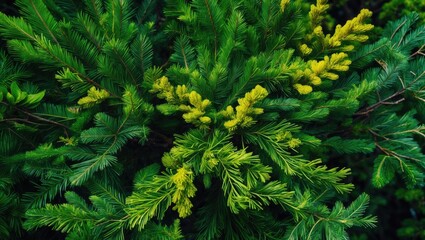 Macro Shot of Fir Tree Branch Against Abstract Nature Background with Decoration and Green Colors