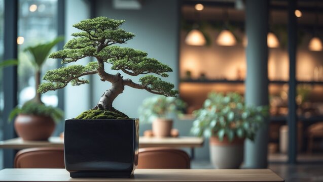 Decorative Banzai tree displayed in a black square vase on a table