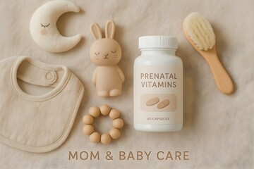 A flat lay of baby and mom care items including prenatal vitamins, a bib, a teether, a bunny toy, and a brush. Concept Baby Care Essentials, Mom's Must-Haves, Flat Lay Photography