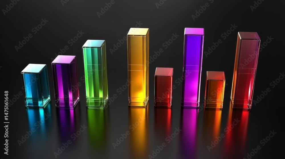 Poster a dynamic d bar chart showcasing fluctuating financial data, featuring glossy bars in different colo