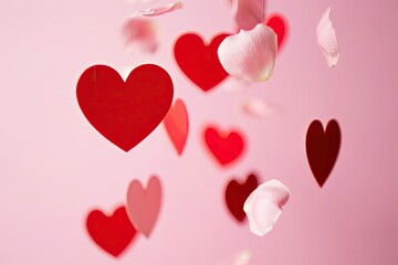 Obraz premium Floating red hearts and petal fragments against a pastel pink background creating romance