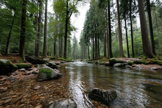 Peaceful forest stream with tall trees and smooth rocks during a foggy day in a serene woodland setting