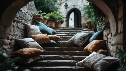 Historic Old town fortress with pillow-strewn stairs and a stone arch © Holo Frame