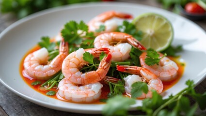 Plate of fresh shrimp and vegetables served with cooked shrimp and a spicy seafood chili sauce infused with coriander