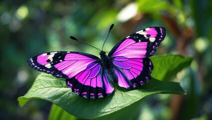 Obraz premium Pink and black butterfly sitting on a leaf