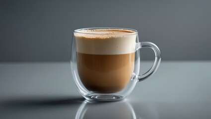 Naklejka premium Delicious latte drink served in a glass mug atop a white lifestyle table