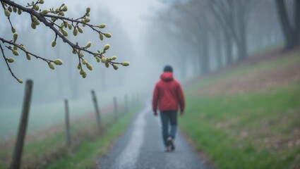 Obraz premium Springtime willow with vibrant buds and branches in focus, a person walking on a trail out of focus, capturing the blossom season start concept.