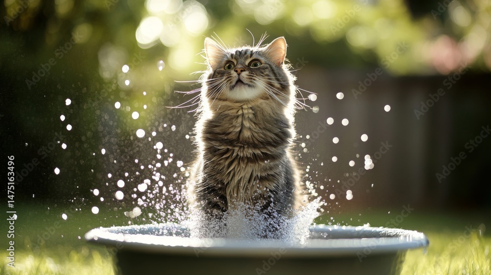 Poster a fluffy cat standing in a shallow tub, surrounded by bubbles, with a look of surprise as it shakes 