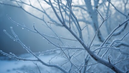 Frosty branches as a nature graphic motif, detailed snowy twigs on vivid colors, frozen tree against cold, snowy surroundings. Aesthetic natural scenery, in daylight.