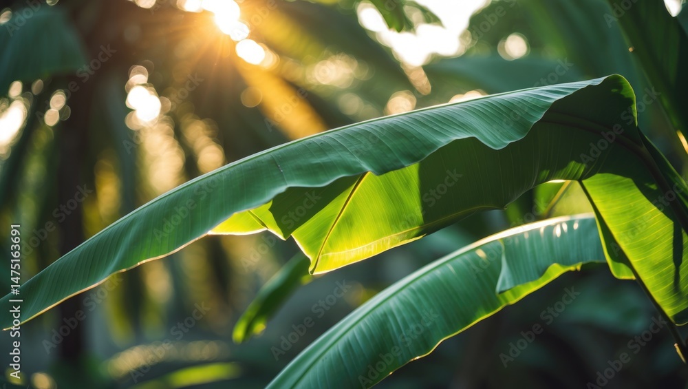 Aufkleber Sunlit banana leaves close-up emphasizing texture and patterns in a natural setting