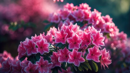 Fototapeta premium Blooming pink azalea bush with flowers in close-up view