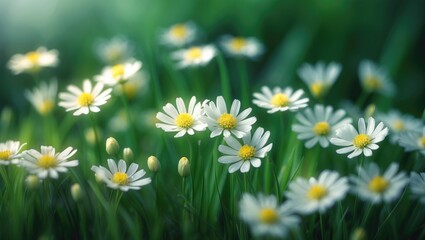 Natural garden setting with white and yellow flowers on grass