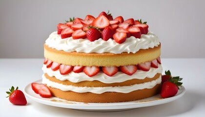 A delightful strawberry shortcake with layers of cake, cream, and fresh strawberries.