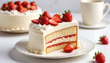 A slice of delicious strawberry cake with fresh strawberries and white frosting on a plate.