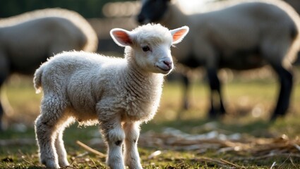 Fototapeta premium Baby lamb in a farm setting with grass