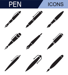 Set of black pen icons with different nib designs, ideal for representing writing, education, and office supplies in minimalist black and white style.