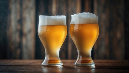 Couple of light-colored craft lagers in goblets resting on wooden surface