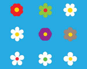 pring flower set. Colorful flowers collection. Daisy chamomile, cornflower, sun flower chrysanthemum. Fresh and blooming elements. Growing concept. Flat design. White background. 