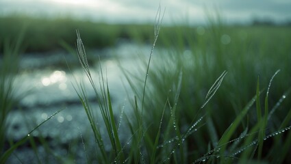 Zoomed-in Image of Dewy Grass Blades in a Field with Sparkling Dew Drops