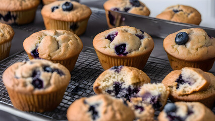 Freshly baked blueberry muffins cooling on a wire rack in a cozy kitchen setting