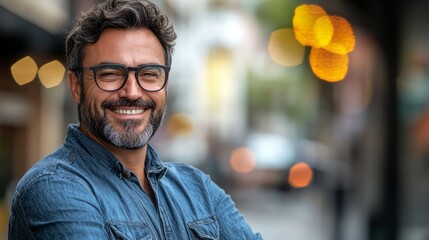 Smiling man in denim shirt outdoors portrait.