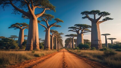 Obraz premium Magnificent aerial image of the well-known Avenue of the Baobabs, with towering baobab trees flanking a dirt road, producing a striking and unique landscape.