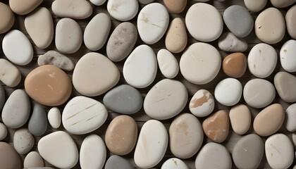 An overhead view of assorted smooth, rounded pebbles, showcasing a natural and earthy texture.